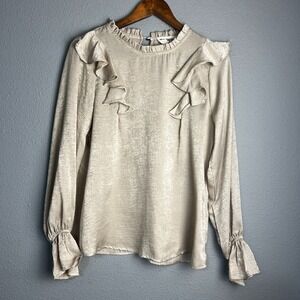 Savanna Jane Ruffle Satin‎ Beige Blouse Long Sleeve Top Elegant Party Size S